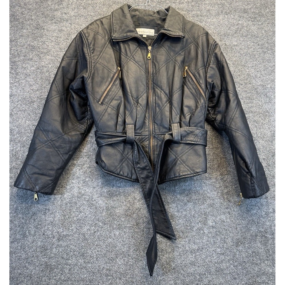 Vintage Paris Sport Club Black Leather Belted Cropped Jacket Women's Medium